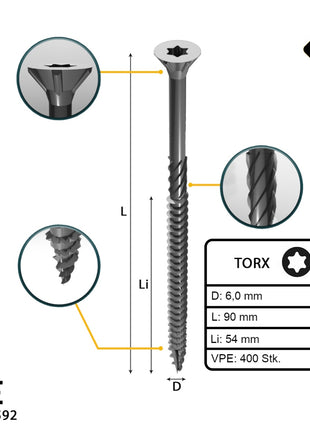 FORTE Tools tornillo universal para madera 6,0 x 90 mm T30 400 piezas (4x 000040113892) galvanizado en plata Torx cabeza avellanada rosca parcial