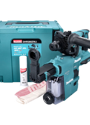 Taladro percutor inalámbrico Makita DHR 280 ZWJ 36 V (2x 18 V) 2,8 J SDS Plus Brushless + aspiración DX08 + Makpac - sin batería, sin cargador