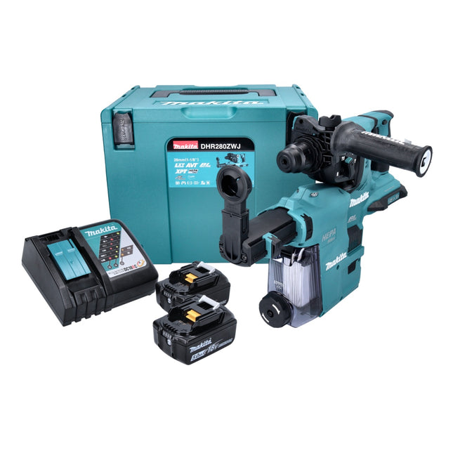 Makita DHR 280 RTWJ Akku Bohrhammer 36 V ( 2x 18 V ) 2,8 J SDS Plus Brushless + 2x Akku 5,0 Ah + Ladegerät + DX08 Staubabsaugung + Makpac