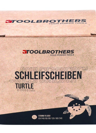 Toolbrothers TURTLE Schleifset 4 Packungen 240x Schleifscheiben 125mm Klett 8 Loch je 40x P40 / P60 / P80 / P120 / P180 / 240 für Hartholz, Weichholz, Lack, Stein, Stahl, Aluminium, Furnier - Toolbrothers