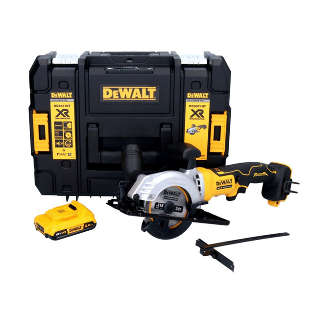 Sega circolare a batteria DeWalt DCS 571 18 V 115 mm brushless + 1x batteria 2,0 Ah + TSTAK - senza caricabatterie