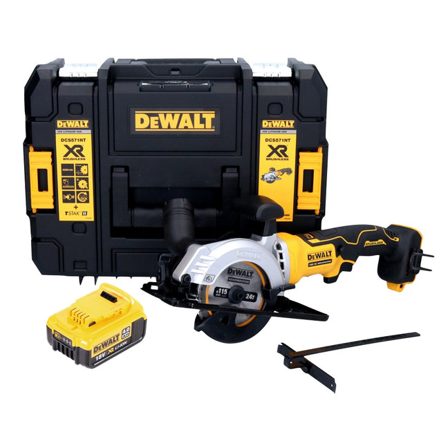 Sega circolare a batteria DeWalt DCS 571 18 V 115 mm senza spazzole + 1x batteria 4,0 Ah + TSTAK - senza caricabatterie