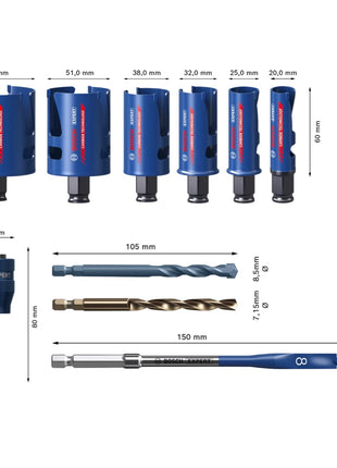 Bosch Expert Construction Material Lochsägen Set 10 tlg. 20 / 25 / 32 / 38 / 51 / 64 x 60 mm ( 2608900490 ) Carbide Technology für Dreh- und Schlagbohrer