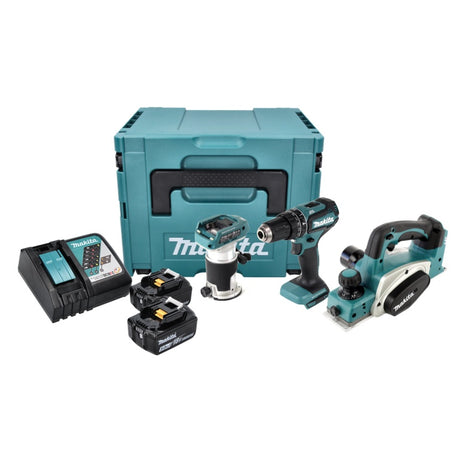 Kit combinado de batería Makita DLX 3116 TJ Taladro percutor de batería DHP 485 + cepilladora de batería DKP 180 + fresadora multifuncional de batería DRT 50 + 2x batería 5,0 Ah + cargador + Makpac