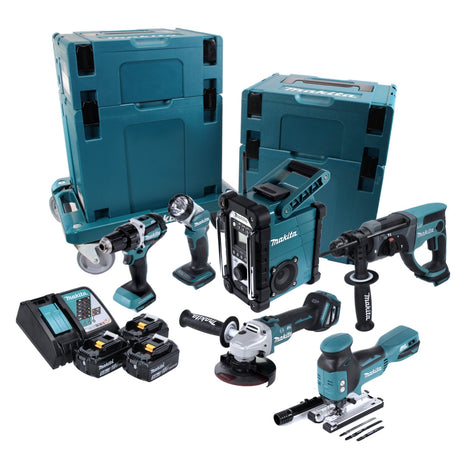 Makita DLX 6087 TJ1 EXTRA Akku Combo Kit DDF 484 Bohrschrauber + DGA 513 Winkelschleifer + DHR 202 Kombihammer + DJV 181 Pendelhubstichsäge + DMR 107 Baustellenradio + DML 802 Lampe + 3x Akku 5,0 Ah + Ladegerät + 4x Makpac + Transportwagen