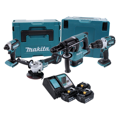 Kit combo batterie Makita DLX 4104 TJ1 Meuleuse d'angle DGA 513 + perceuse à percussion DHP 481 + marteau perforateur DHR 243 + clé à chocs DTD 153 + 3x batteries 5,0 Ah + chargeur + 2x Makpac