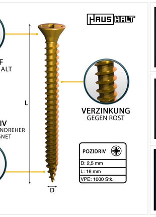 HausHalt Universal Holzbauschraube Holzschraube 2,5 x 16 mm PZ1 1000 Stk. ( 000051371121 ) gelb verzinkt Kreuzschlitz Pozidriv Senkkopf Vollgewinde