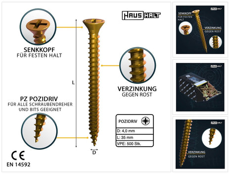 HausHalt Vis à bois universelle 4,0 x 35 mm PZ2 - 500 pièces (000051371145)