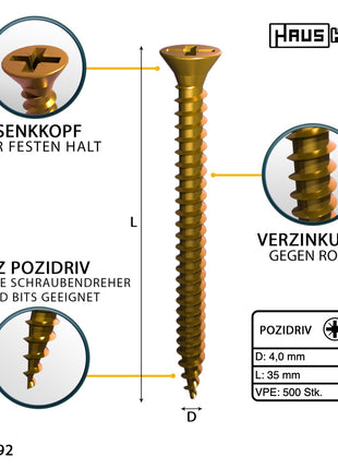 HausHalt Universal Holzbauschraube Holzschraube 4,0 x 35 mm PZ2 500 Stk. ( 000051371145 ) gelb verzinkt Kreuzschlitz Pozidriv Senkkopf Vollgewinde