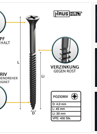 HausHalt Universal Holzbauschraube Holzschraube 4,0 x 45 mm PZ2 400 Stk. ( 000051371117 ) silber verzinkt Kreuzschlitz Pozidriv Senkkopf Teilgewinde - Toolbrothers