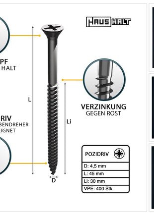 HausHalt Universal Holzbauschraube Holzschraube 4,5 x 45 mm PZ2 400 Stk. ( 000051371170 ) silber verzinkt Kreuzschlitz Pozidriv Senkkopf Teilgewinde - Toolbrothers