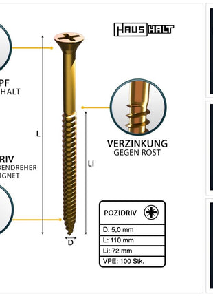 HausHalt Universal Holzbauschraube Holzschraube 5,0 x 110 mm PZ2 100 Stk. ( 000051371184 ) gelb verzinkt Kreuzschlitz Pozidriv Senkkopf Teilgewinde - Toolbrothers