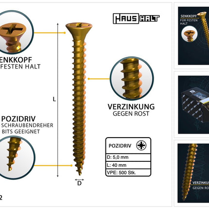 HausHalt Universal Holzbauschraube Holzschraube 5,0 x 40 mm PZ2 500 Stk. ( 000051371192 ) gelb verzinkt Kreuzschlitz Pozidriv Senkkopf Vollgewinde - Toolbrothers