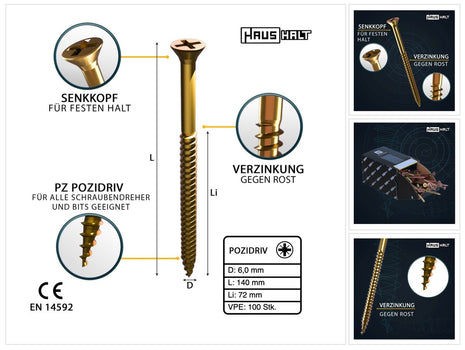 HausHalt Universal Holzbauschraube Holzschraube 6,0 x 140 mm PZ3 100 Stk. ( 000051371217 ) gelb verzinkt Kreuzschlitz Pozidriv Senkkopf Teilgewinde - Toolbrothers