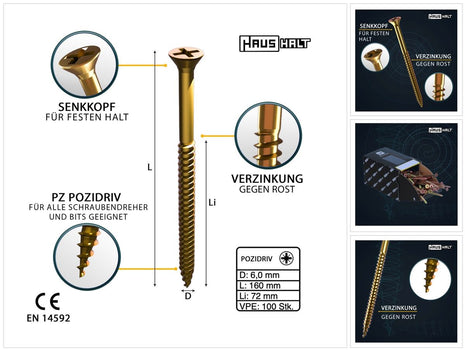 HausHalt Universal Holzbauschraube Holzschraube 6,0 x 160 mm PZ3 100 Stk. ( 000051371220 ) gelb verzinkt Kreuzschlitz Pozidriv Senkkopf Teilgewinde - Toolbrothers