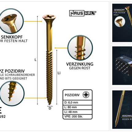 HausHalt Universal Holzbauschraube Holzschraube 6,0 x 80 mm PZ3 200 Stk. ( 000051371233 ) gelb verzinkt Kreuzschlitz Pozidriv Senkkopf Teilgewinde - Toolbrothers