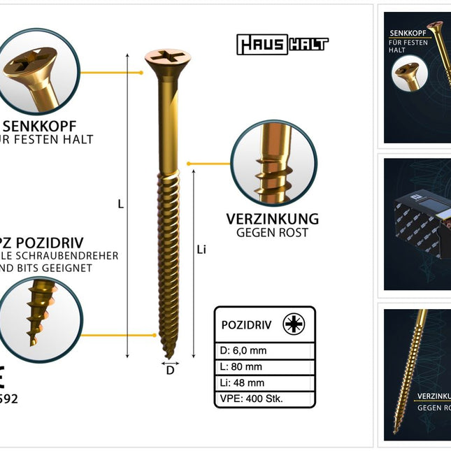 HausHalt Universal Holzbauschraube Holzschraube 6,0 x 80 mm PZ3 400 Stk. ( 2x 000051371233 ) gelb verzinkt Kreuzschlitz Pozidriv Senkkopf Teilgewinde - Toolbrothers