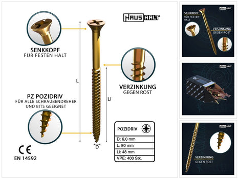 HausHalt Universal Holzbauschraube Holzschraube 6,0 x 80 mm PZ3 400 Stk. ( 2x 000051371233 ) gelb verzinkt Kreuzschlitz Pozidriv Senkkopf Teilgewinde - Toolbrothers