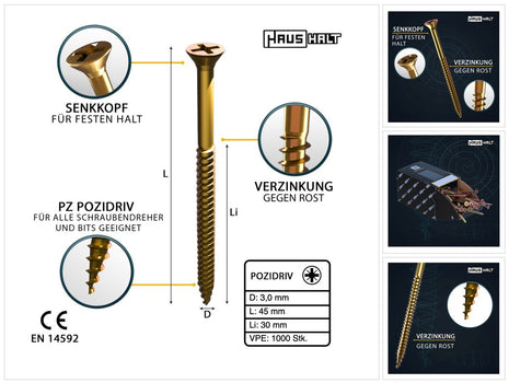 HausHalt Universal Holzbauschraube Holzschraube 3,0 x 45 mm PZ1 1000 Stk. ( 2x 000051371129 ) gelb verzinkt Kreuzschlitz Pozidriv Senkkopf Teilgewinde - Toolbrothers