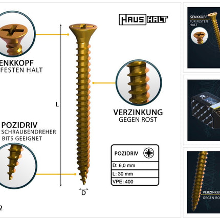 HausHalt Universal Holzbauschraube Holzschraube 6,0 x 30 mm PZ3 400 Stk. ( 2x 000051371225 ) gelb verzinkt Kreuzschlitz Pozidriv Senkkopf Vollgewinde - Toolbrothers
