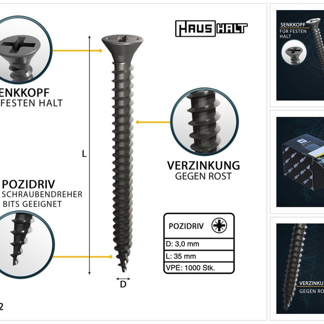 HausHalt Universal Holzbauschraube Holzschraube 3,0 x 35 mm PZ1 1000 Stk. ( 2x 000051371099 ) silber verzinkt Kreuzschlitz Pozidriv Senkkopf Vollgewinde