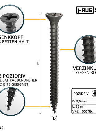 HausHalt Universal Holzbauschraube Holzschraube 3,0 x 35 mm PZ1 1000 Stk. ( 2x 000051371099 ) silber verzinkt Kreuzschlitz Pozidriv Senkkopf Vollgewinde