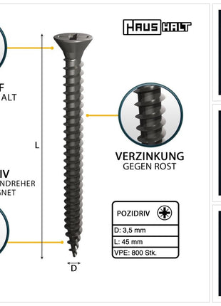 HausHalt Universal Holzbauschraube Holzschraube 3,5 x 45 mm PZ2 800 Stk. ( 2x 000051371108 ) silber verzinkt Kreuzschlitz Pozidriv Senkkopf Vollgewinde - Toolbrothers