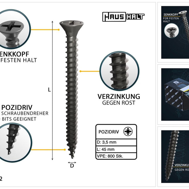 HausHalt Universal Holzbauschraube Holzschraube 3,5 x 45 mm PZ2 800 Stk. ( 2x 000051371108 ) silber verzinkt Kreuzschlitz Pozidriv Senkkopf Vollgewinde - Toolbrothers