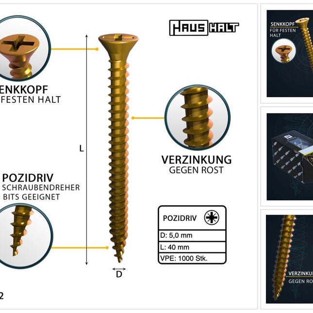 HausHalt Universal Holzbauschraube Holzschraube 5,0 x 40 mm PZ2 1000 Stk. ( 2x 000051371192 ) gelb verzinkt Kreuzschlitz Pozidriv Senkkopf Vollgewinde - Toolbrothers