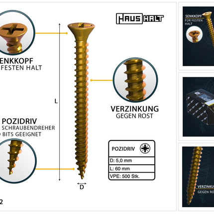 HausHalt Universal Holzbauschraube Holzschraube 5,0 x 60 mm PZ2 500 Stk. ( 2x 000051371202 ) gelb verzinkt Kreuzschlitz Pozidriv Senkkopf Vollgewinde