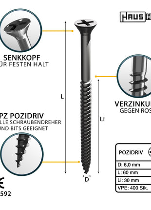 HausHalt Universal Holzbauschraube Holzschraube 6,0 x 60 mm PZ3 400 Stk. ( 2x 000051371229 ) silber verzinkt Kreuzschlitz Pozidriv Senkkopf Teilgewinde - Toolbrothers