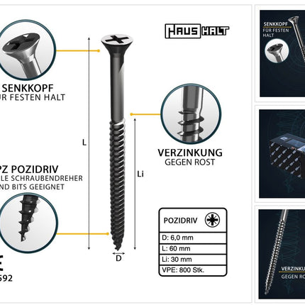 HausHalt Universal Holzbauschraube Holzschraube 6,0 x 60 mm PZ3 800 Stk. ( 4x 000051371229 ) silber verzinkt Kreuzschlitz Pozidriv Senkkopf Teilgewinde - Toolbrothers