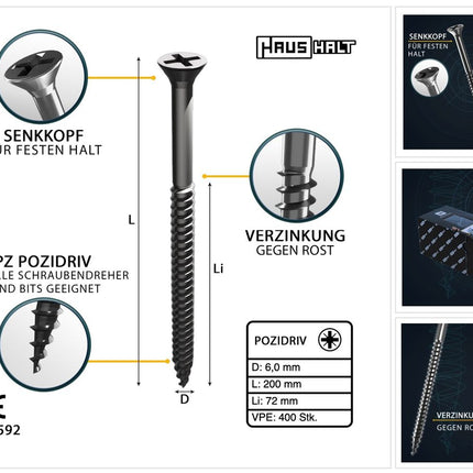HausHalt Universal Holzbauschraube Holzschraube 6,0 x 200 mm PZ3 400 Stk. ( 4x 000051371223 ) silber verzinkt Kreuzschlitz Pozidriv Senkkopf Teilgewinde - Toolbrothers