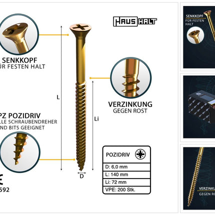 HausHalt Universal Holzbauschraube Holzschraube 6,0 x 140 mm PZ3 200 Stk. ( 2x 000051371217 ) gelb verzinkt Kreuzschlitz Pozidriv Senkkopf Teilgewinde - Toolbrothers
