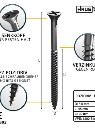 HausHalt Universal Holzbauschraube Holzschraube 5,0 x 45 mm PZ2 1200 Stk. ( 4x 000051371196 ) silber verzinkt Kreuzschlitz Pozidriv Senkkopf Teilgewinde - Toolbrothers