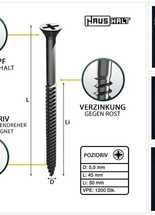 HausHalt Universal Holzbauschraube Holzschraube 5,0 x 45 mm PZ2 1200 Stk. ( 4x 000051371196 ) silber verzinkt Kreuzschlitz Pozidriv Senkkopf Teilgewinde - Toolbrothers