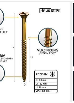 HausHalt Universal Holzbauschraube Holzschraube 5,0 x 120 mm PZ2 400 Stk. ( 4x 000051371186 ) gelb verzinkt Kreuzschlitz Pozidriv Senkkopf Teilgewinde - Toolbrothers