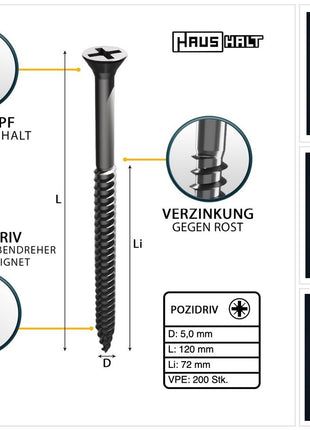 HausHalt Universal Holzbauschraube Holzschraube 5,0 x 120 mm PZ2 200 Stk. ( 2x 000051371185 ) silber verzinkt Kreuzschlitz Pozidriv Senkkopf Teilgewinde - Toolbrothers