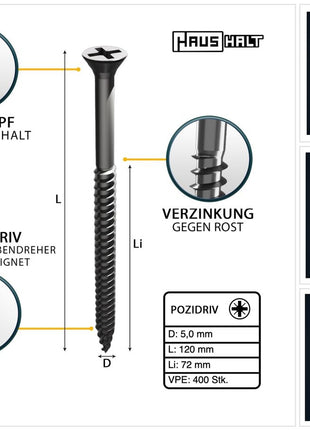 HausHalt Universal Holzbauschraube Holzschraube 5,0 x 120 mm PZ2 400 Stk. ( 4x 000051371185 ) silber verzinkt Kreuzschlitz Pozidriv Senkkopf Teilgewinde - Toolbrothers