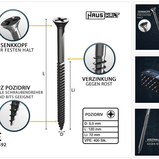 HausHalt Universal Holzbauschraube Holzschraube 5,0 x 120 mm PZ2 400 Stk. ( 4x 000051371185 ) silber verzinkt Kreuzschlitz Pozidriv Senkkopf Teilgewinde - Toolbrothers
