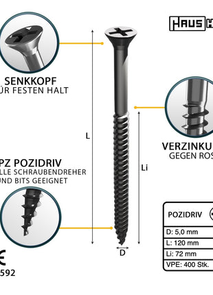 HausHalt Universal Holzbauschraube Holzschraube 5,0 x 120 mm PZ2 400 Stk. ( 4x 000051371185 ) silber verzinkt Kreuzschlitz Pozidriv Senkkopf Teilgewinde - Toolbrothers