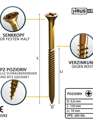 HausHalt Universal Holzbauschraube Holzschraube 5,0 x 110 mm PZ2 200 Stk. ( 2x 000051371184 ) gelb verzinkt Kreuzschlitz Pozidriv Senkkopf Teilgewinde - Toolbrothers