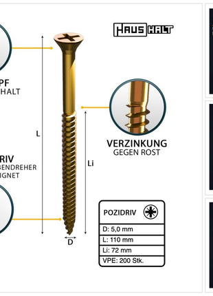 HausHalt Universal Holzbauschraube Holzschraube 5,0 x 110 mm PZ2 200 Stk. ( 2x 000051371184 ) gelb verzinkt Kreuzschlitz Pozidriv Senkkopf Teilgewinde - Toolbrothers