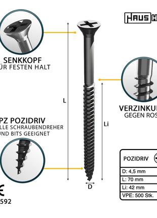 HausHalt Universal Holzbauschraube Holzschraube 4,5 x 70 mm PZ2 500 Stk. ( 2x 000051371177 ) silber verzinkt Kreuzschlitz Pozidriv Senkkopf Teilgewinde - Toolbrothers