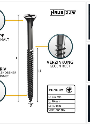 HausHalt Universal Holzbauschraube Holzschraube 4,5 x 70 mm PZ2 500 Stk. ( 2x 000051371177 ) silber verzinkt Kreuzschlitz Pozidriv Senkkopf Teilgewinde - Toolbrothers