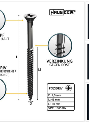 HausHalt Universal Holzbauschraube Holzschraube 4,5 x 45 mm PZ2 1600 Stk. ( 4x 000051371170 ) silber verzinkt Kreuzschlitz Pozidriv Senkkopf Teilgewinde - Toolbrothers