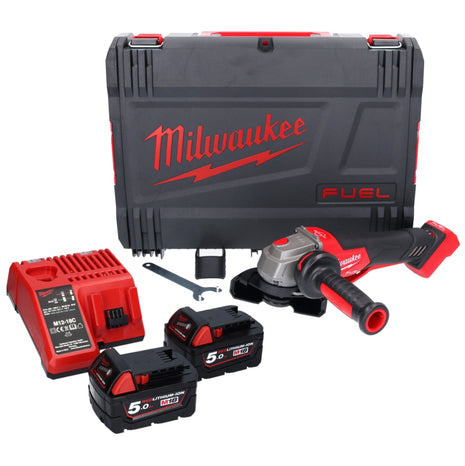 Amoladora angular a batería Milwaukee M18 FSAGV115XPDB-502X 18 V 115 mm sin escobillas + 2x baterías 5,0 Ah + cargador + caja HD