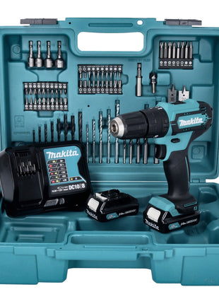 Makita HP 333 DSAX1 Akku Schlagbohrschrauber 12 V 30 Nm + 2x Akku 2,0 Ah + Ladegerät + 74 tlg. Bit und Bohrer Set + Koffer