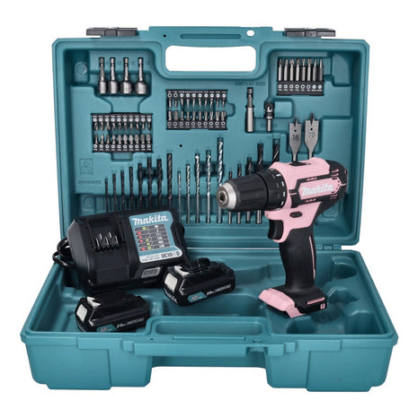 Makita DF 333 DWAP2 Akku Bohrschrauber 12 V 30 Nm pink + 2x Akku 2,0 Ah + Ladegerät + Zubehörset + Koffer