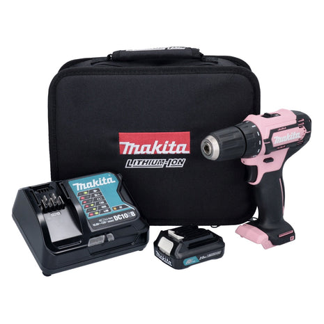 Makita DF 333 DSAP1 perceuse-visseuse sans fil 12 V 30 Nm rose + 1x batterie 2,0 Ah + chargeur + sac